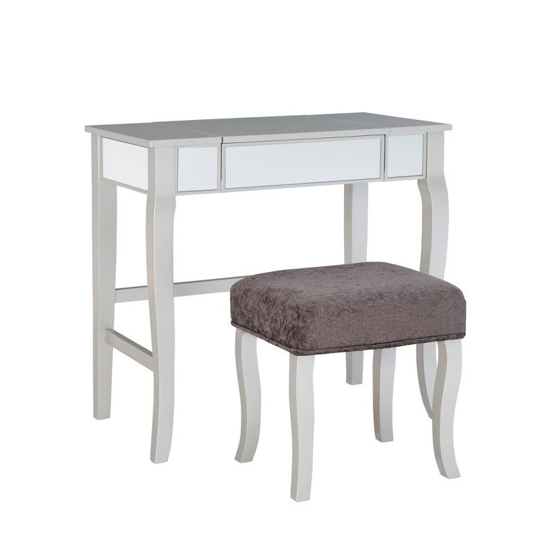 Harper Glam Silver Vanity Set with Flip-up Mirror and Gray Velvet Stool