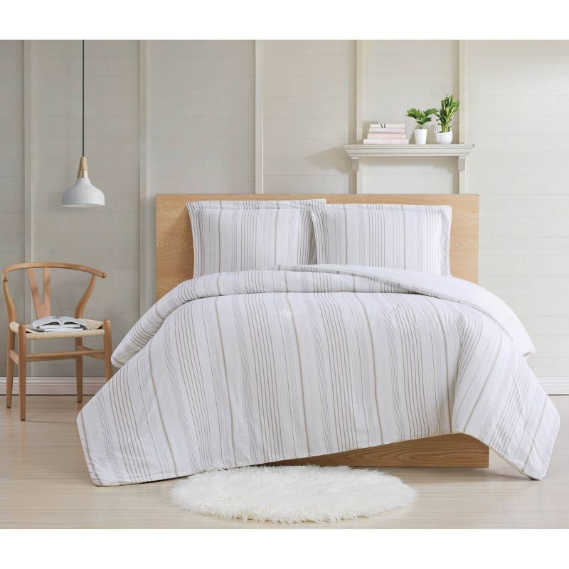 King Size Cotton Comforter Set in White with Reversible Stripe Design