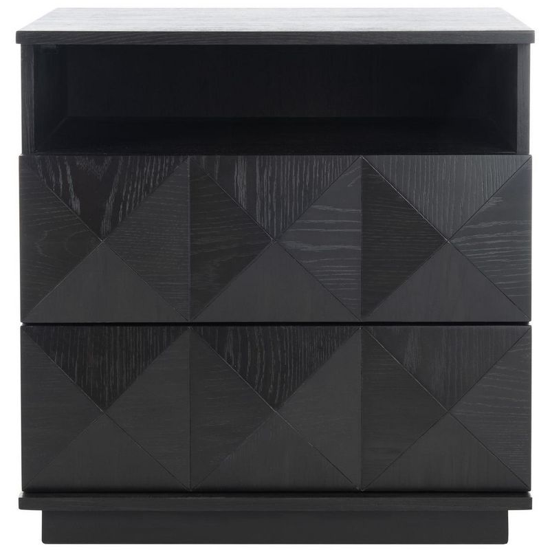 Black Geometric 2-Drawer Solid Wood Nightstand