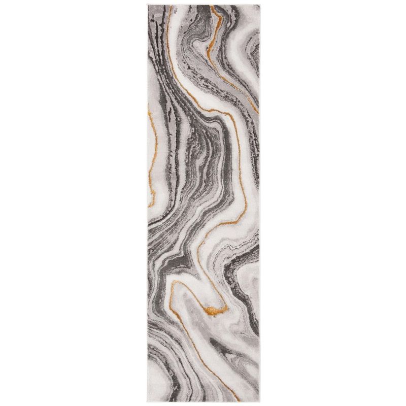 Elysian Swirls Grey and Gold 2'3" x 6' Synthetic Runner Rug