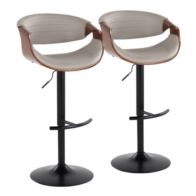 Set of 2 Adjustable Pearl Silver Faux Leather and Walnut Barstools