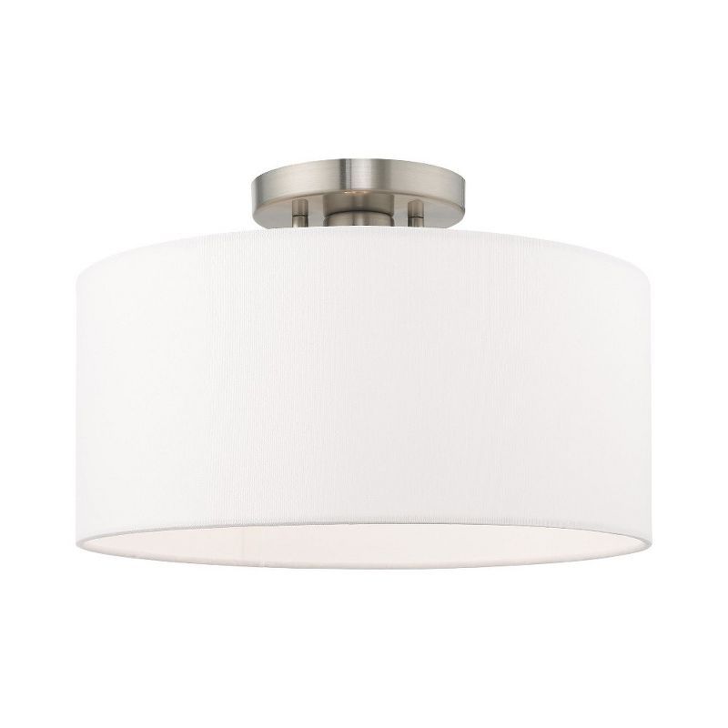 Modern Brushed Nickel Indoor/Outdoor Drum Ceiling Light with Off-White Shade