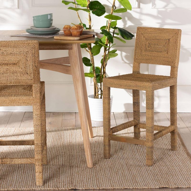 Anfield Natural Seagrass and Mahogany Wood Counter Stool