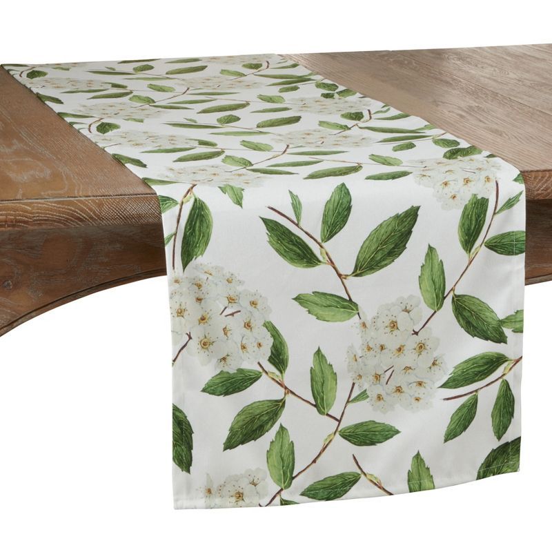 Green and White Floral Polyester Table Runner, 16" x 72"