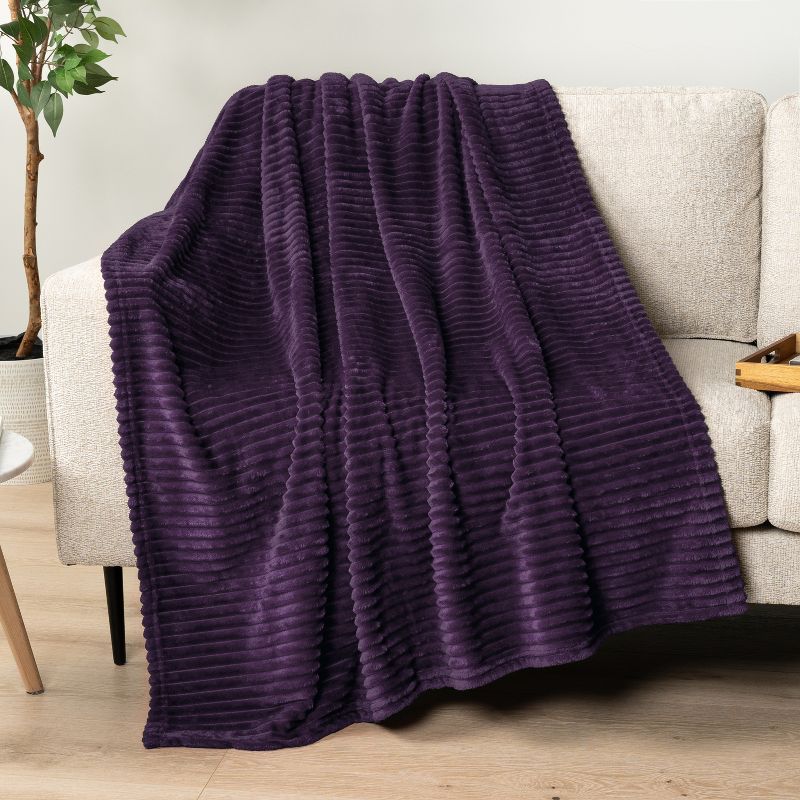 Purple Ribbed Fleece Reversible Throw Blanket