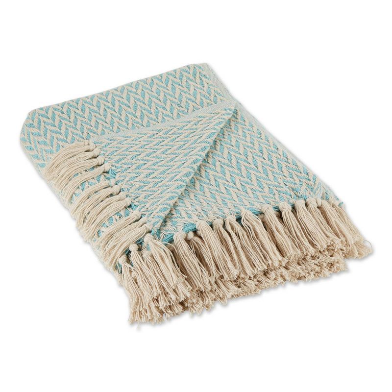 Aqua and Beige Cotton Zig-Zag Throw Blanket with Fringe