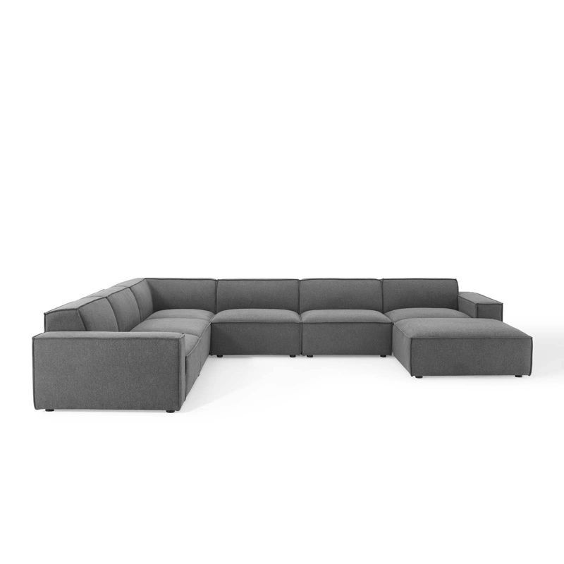 Charcoal 7-Piece Minimalist Fabric Sectional Sofa with Ottoman
