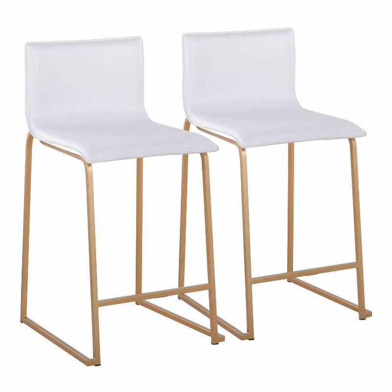 Set of 2 White Faux Leather and Gold Metal Counter Stools