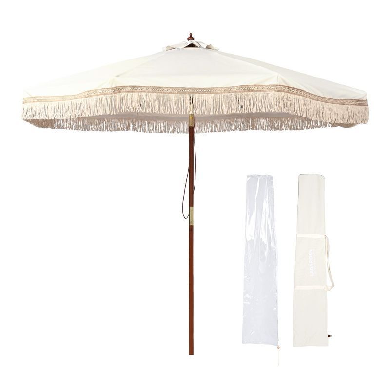 Ivory Chevron 9' Boho Patio Umbrella with Wooden Pole and Cotton Fringe