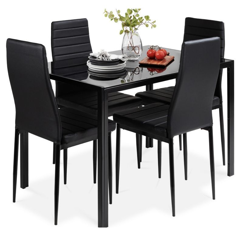 Black Glass Top Dining Table Set with Faux Leather Chairs