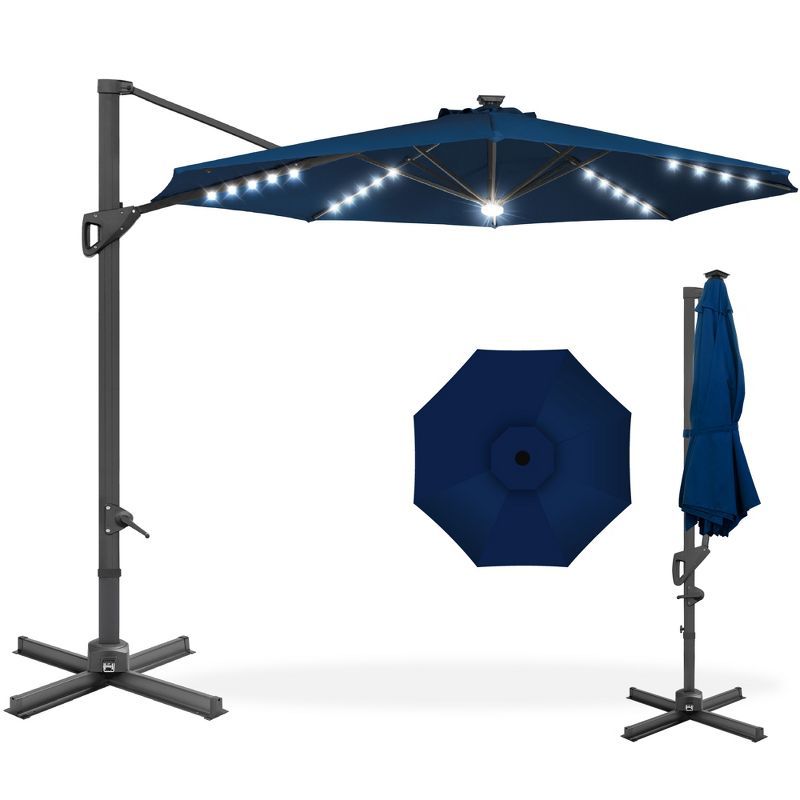 10ft Navy Blue Solar LED Cantilever Patio Umbrella with Cross Base