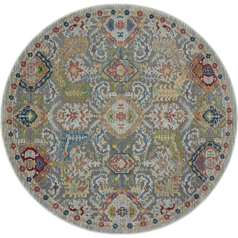 Global Vintage Easy Care 6' Round Grey Synthetic Area Rug