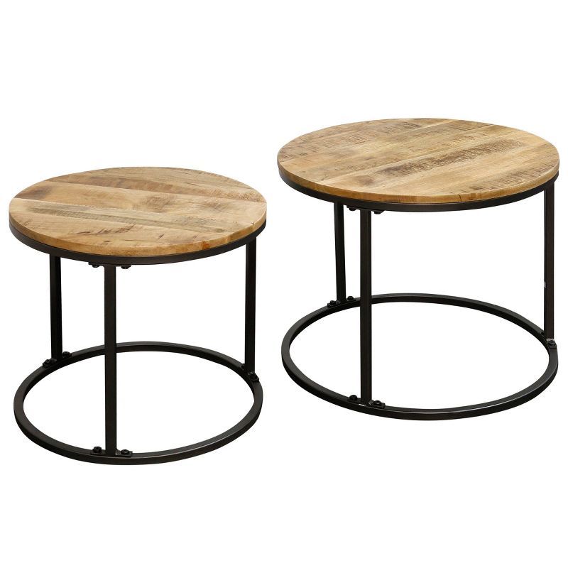 Logan Round Nesting Tables with Natural Wood Tops and Black Metal Bases