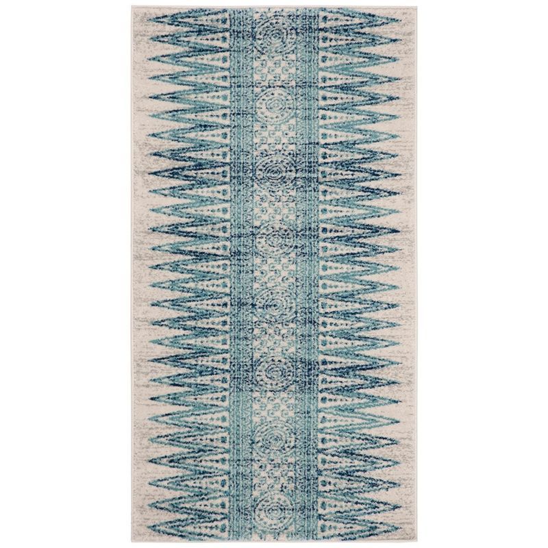 Ivory and Turquoise High Pile Synthetic Area Rug