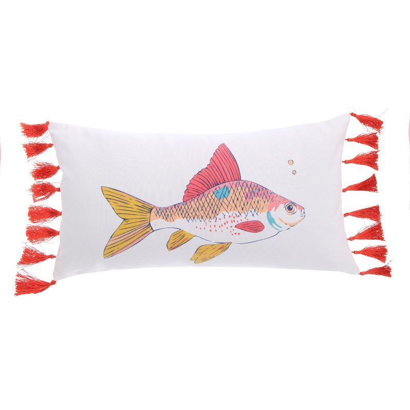 Barrier Reef White Fish Print Pillow with Red Tassels