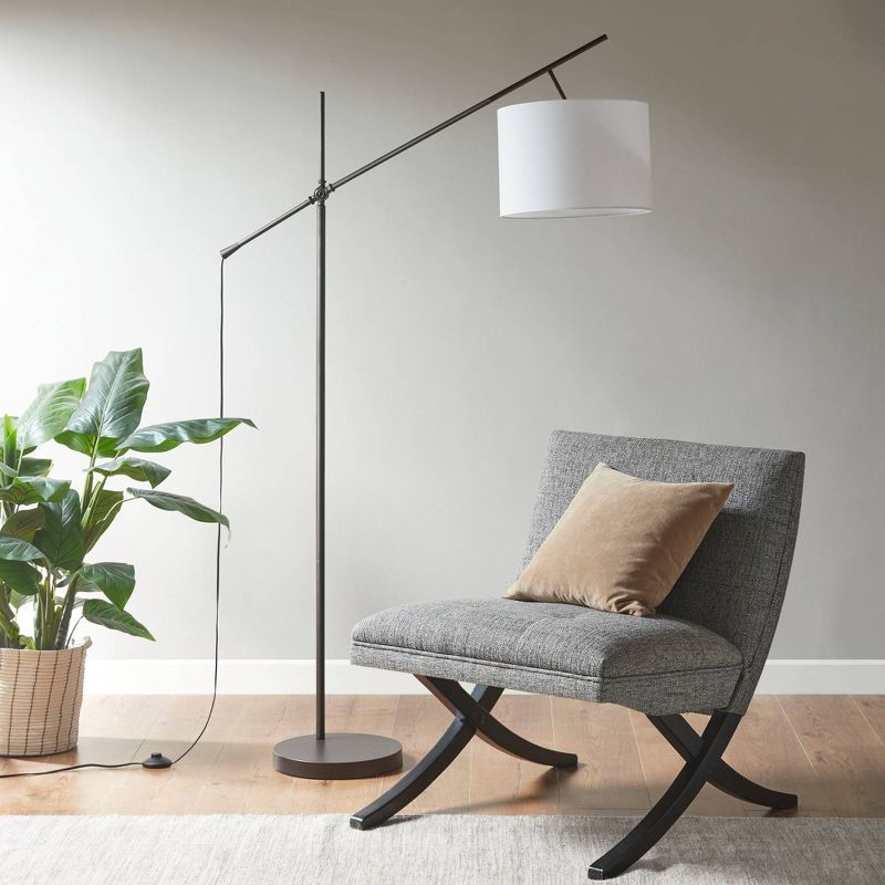 Adjustable Black Metal Arc Floor Lamp with Linen Shade