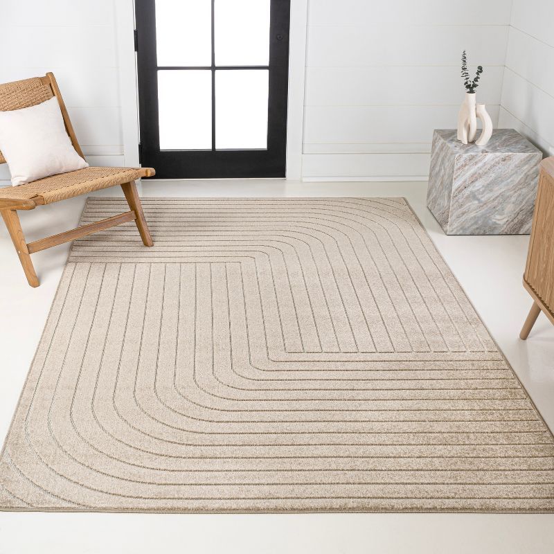 Beige and Cream 8' x 10' Striped Synthetic Area Rug