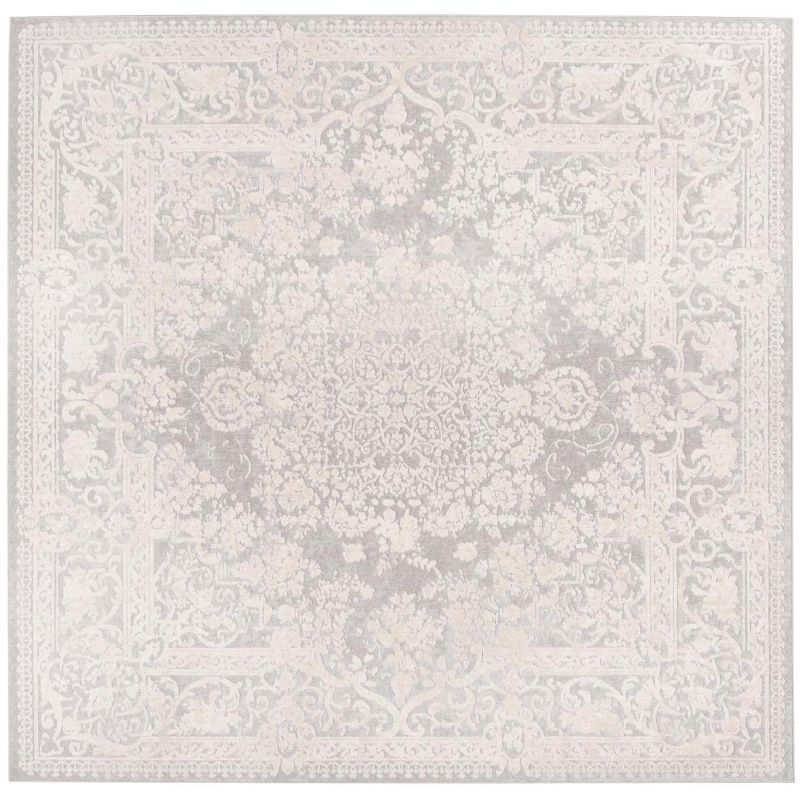 Light Grey and Cream Floral Square Synthetic Area Rug