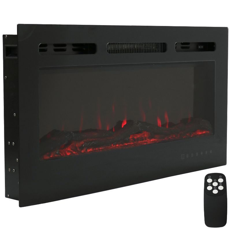 Modern Black Steel Wall-Mounted Electric Fireplace with LED Display, 36-Inch