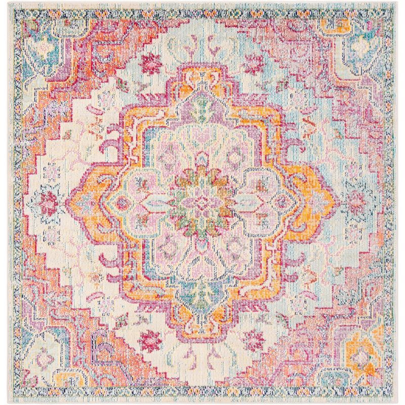 Light Blue and Fuchsia Medallion Square Synthetic Rug