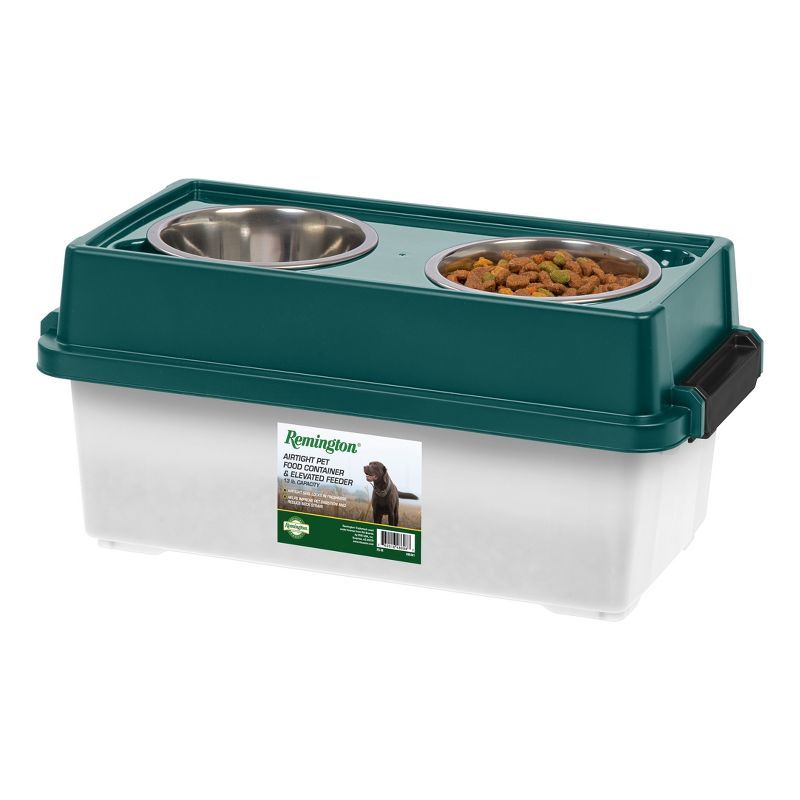 Green Elevated Dog Feeder with Airtight Storage and Stainless Steel Bowls