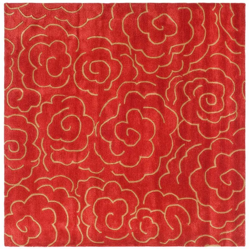 Red and Gold Hand-Tufted Wool Square Area Rug, 8' x 8'