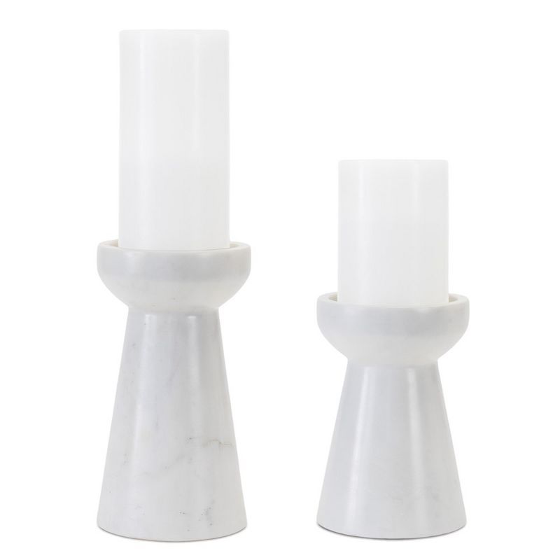 Modern White and Gray Marble Tapered Candle Holders Set