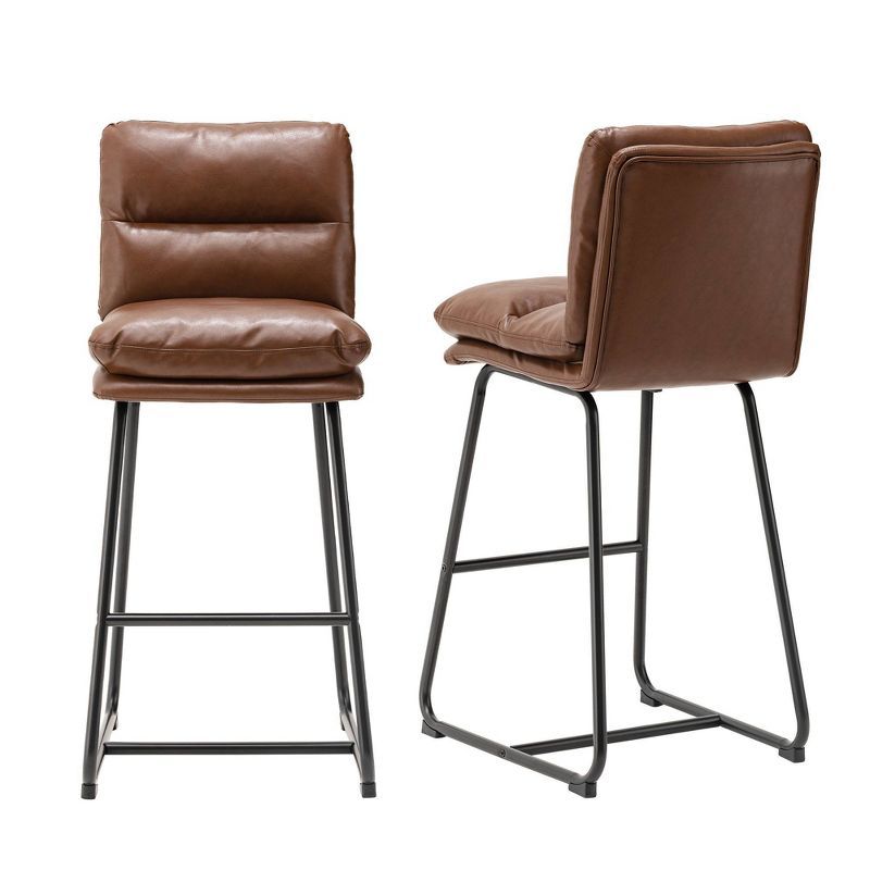 Set of 2 Brown Faux Leather Bar Stools with Metal Legs