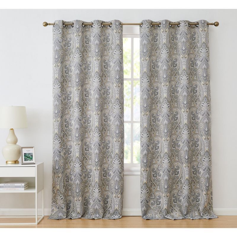 Grey Yellow Paisley Blackout Grommet Curtain Panels, 50" x 96"