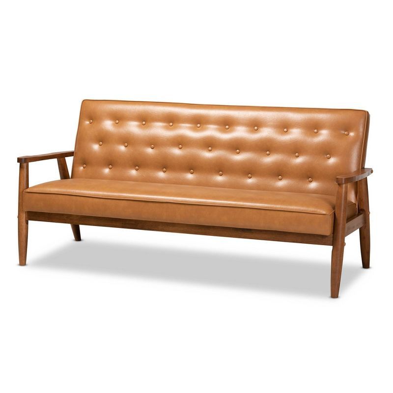 Mid-Century Walnut Brown Tufted Faux Leather Sofa