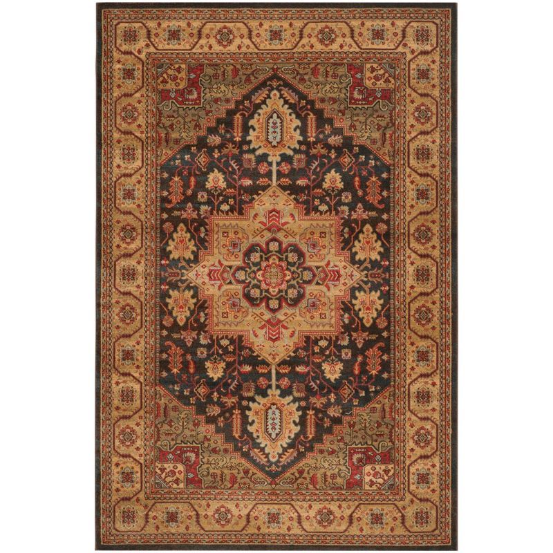 Navy and Natural Rectangular Synthetic Oriental Area Rug