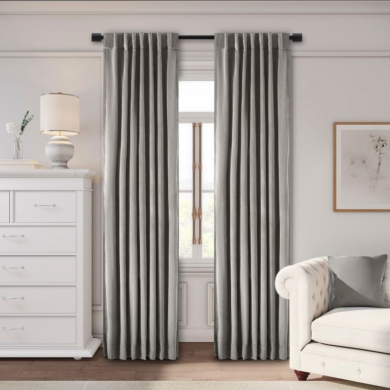 Slate Grey Velvet Pleated Back Tab Curtain Panel