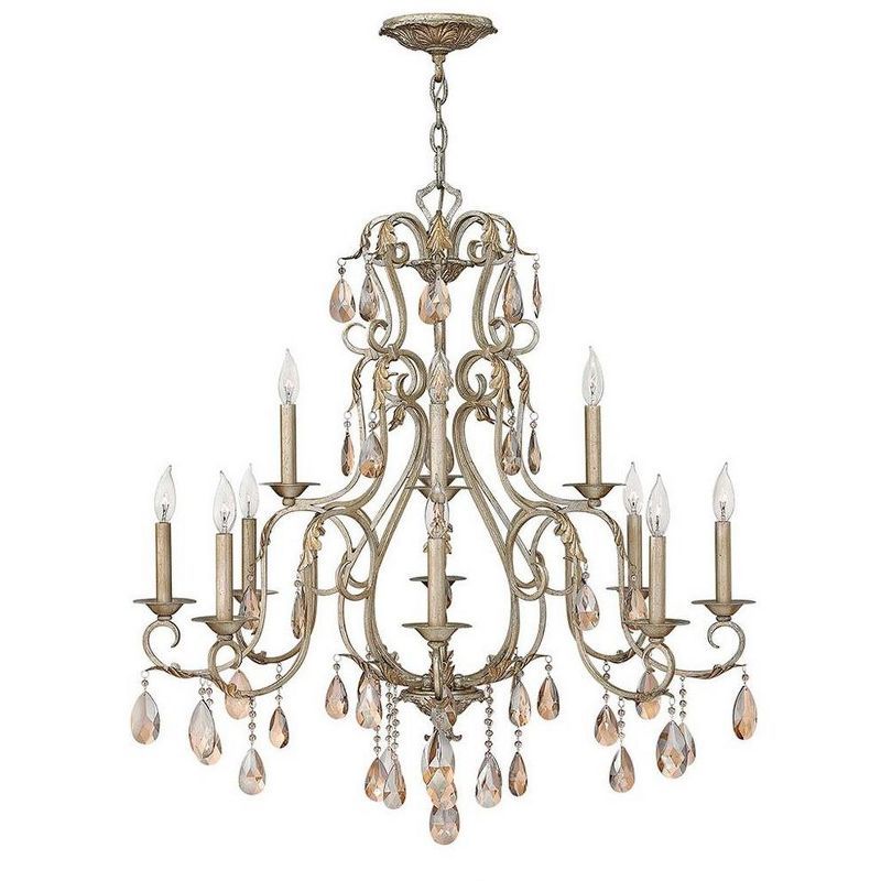 Carlton Petite Candelabra 12-Light Chandelier in Silver Leaf with Amber Crystals