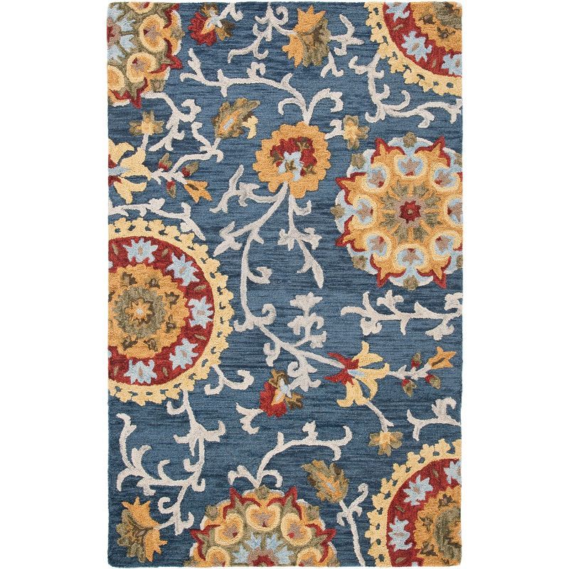 Handmade Blue Wool Floral 6' x 9' Area Rug