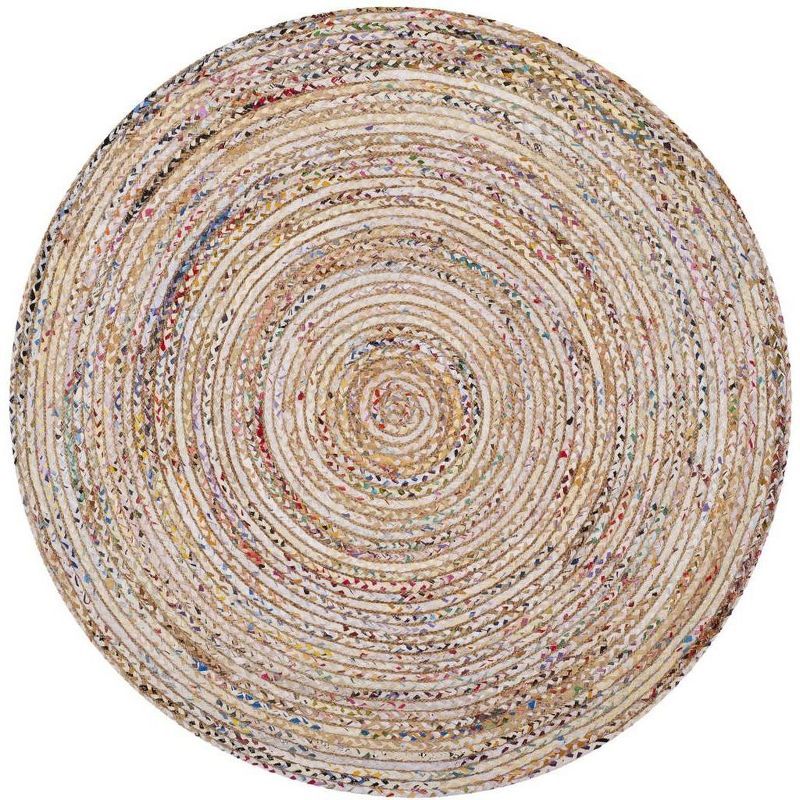 Handmade Beige and Multi Cotton Round Area Rug, 4'x4'
