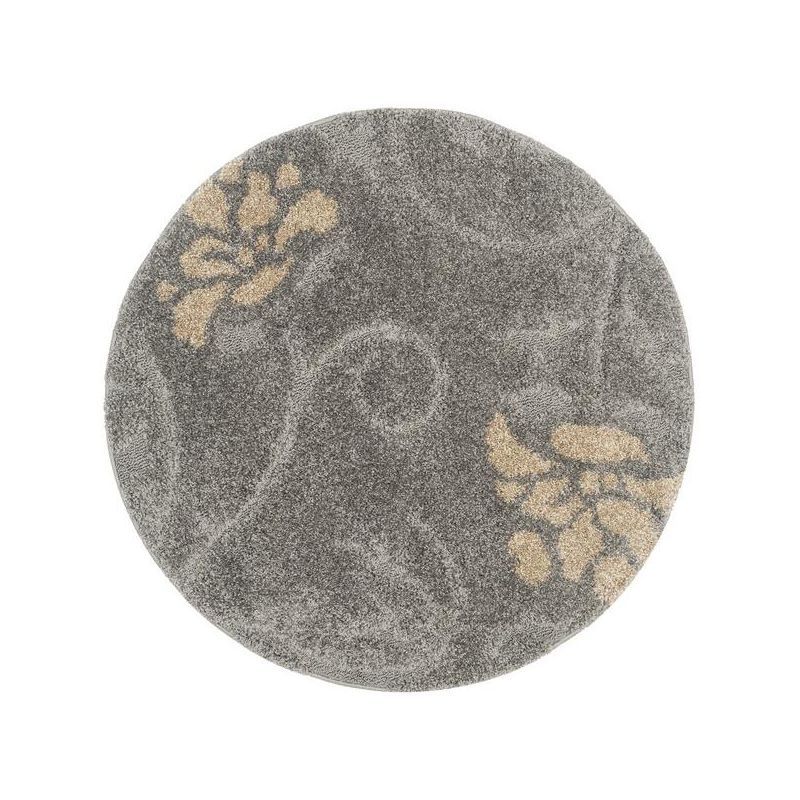Elegant Floral Shag 4' Round Gray and Beige Synthetic Rug