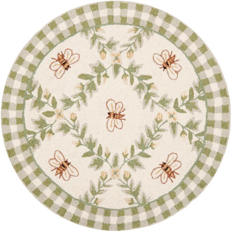 Ivory and Green Floral Tufted Wool Round Rug, 3'