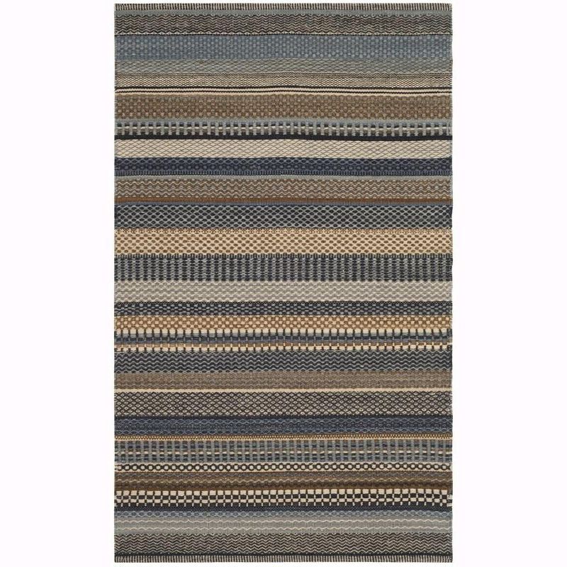 Blue and Beige Striped Wool Flat Woven Area Rug