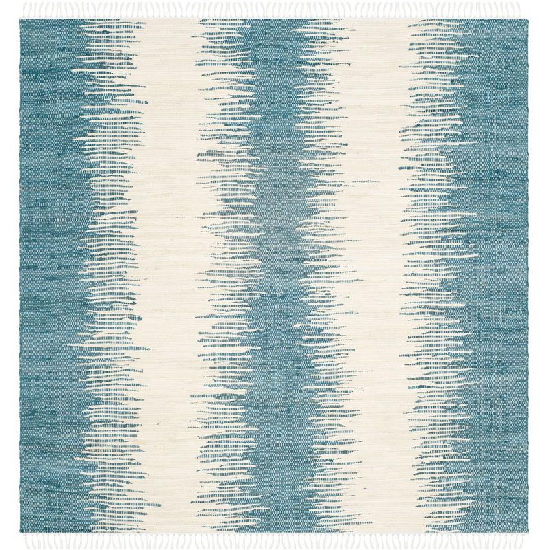 Coastal Charm Blue Stripe Square Cotton Area Rug 6' x 6'