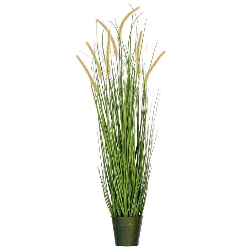 36" Green Artificial Grass and Cattails in Iron Pot