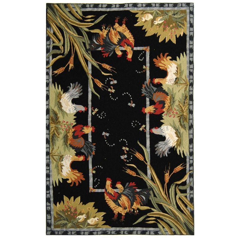 Hand-Knotted Black Floral Wool Area Rug - Reversible Design