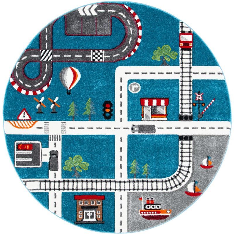 Turquoise and Ivory Round Kids Train Track Area Rug