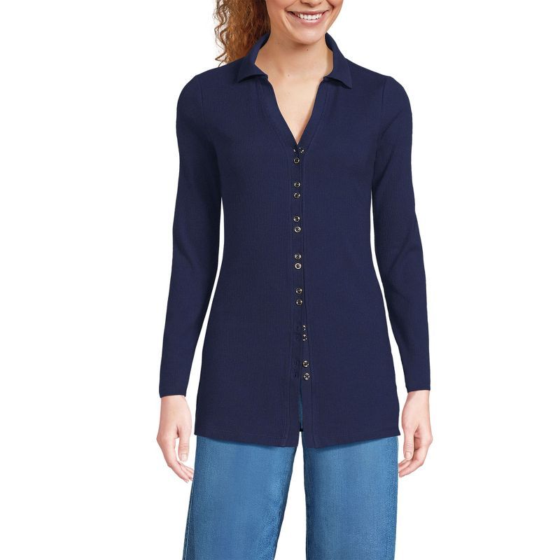 Deep Sea Navy Long Sleeve Cotton Blend Button Up Tunic Shirt