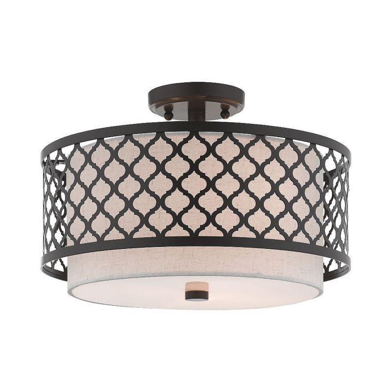 Arabesque English Bronze 3-Light Semi-Flush Drum Mount with Off-White Shade