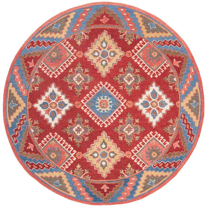 Handmade Rustic-Chic Red and Blue Wool Round Rug