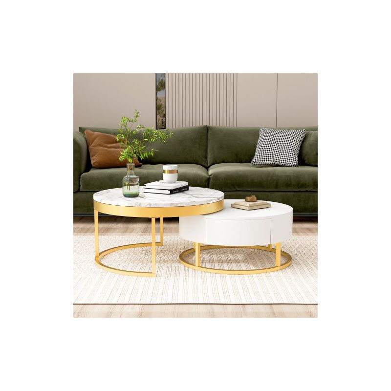 Modern White and Gold Round Nesting Coffee Table Set with Storage