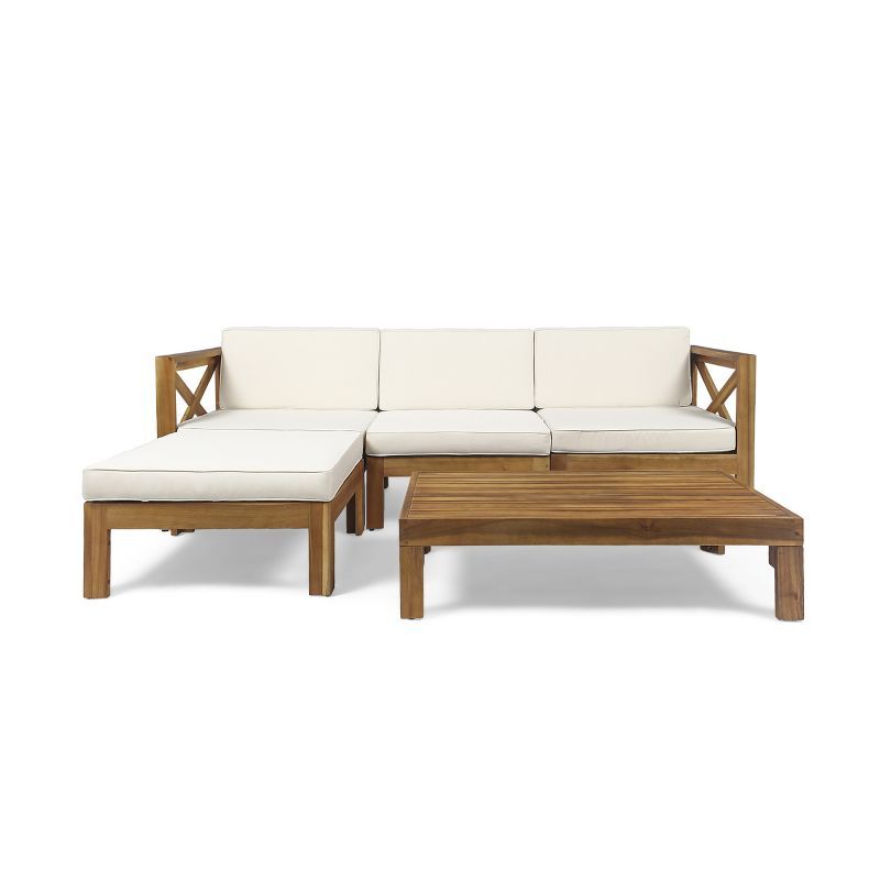 Teak and Beige Acacia Wood 3-Seater Outdoor Sofa Set with Ottoman