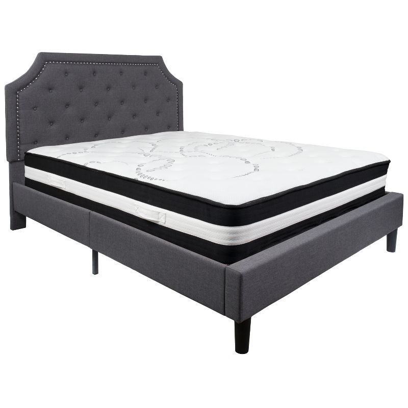 Queen Transitional Upholstered Platform Bed with Nailhead Trim in Dark Gray