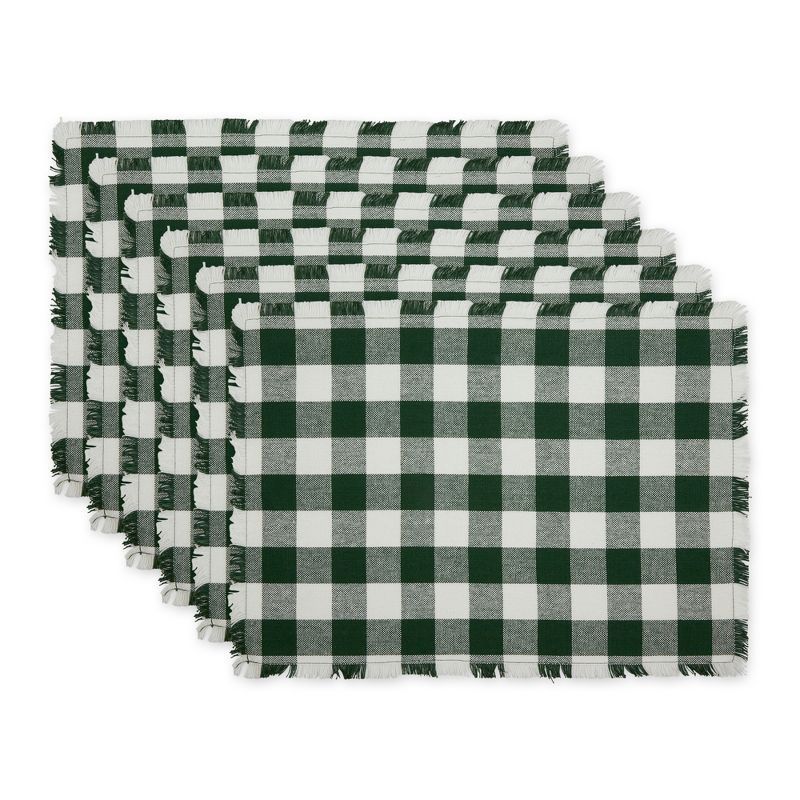 Hunter Green and White Cotton Checkered Fringed Placemats, Set of 6