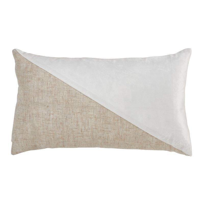 White and Beige Geometric Velvet Lumbar Throw Pillow